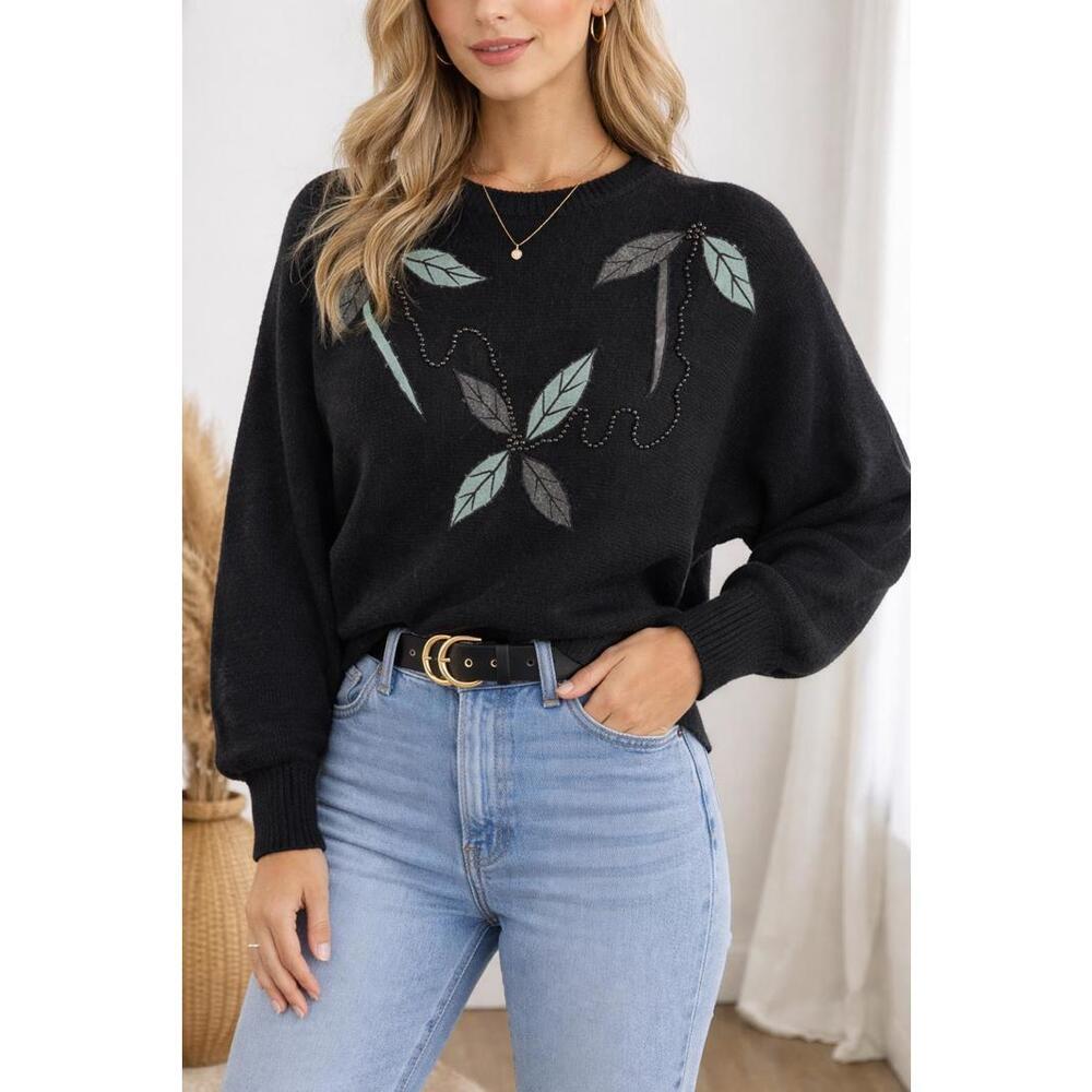 Vintage 80s/90's Silk/Angora Blend Black Beaded Leaf Pullover Sweater Size Small